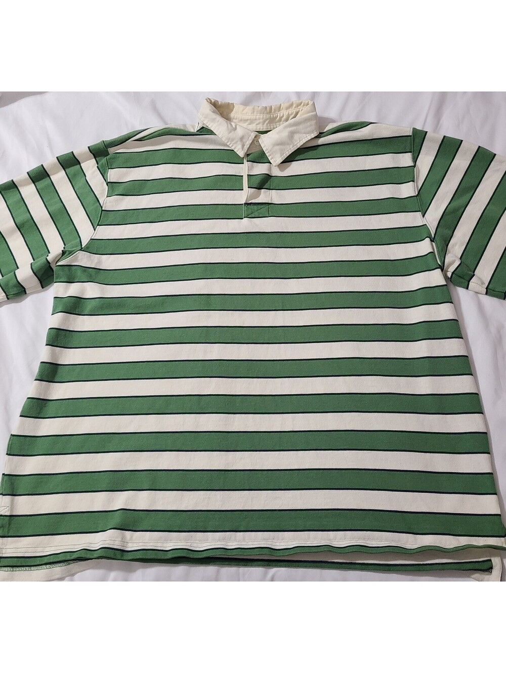 LL Bean Rugby LS Shirt Mens Size 2XL Green Cream Stripe Cotton Ivy Sports Preppy
